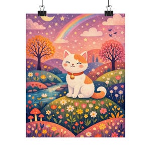 Könnte beinhalten: Ein skurriler Kunstdruck mit einer lächelnden weiß-orangenen Katze mit rotem Halsband und Glocke, eingebettet in eine farbenfrohe Landschaft. Die Szene umfasst einen Regenbogen, Sterne, Blumen, Bäume und einen fließenden Bach, wodurch eine fröhliche Illustration entsteht.