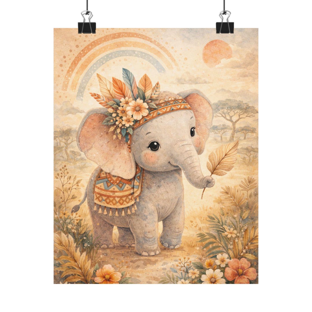 Boho Baby Elephant Poster Matte Vertical Poster | Nursery Wall Art ...