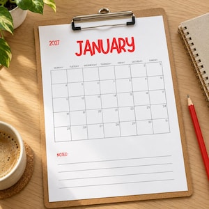 Könnte beinhalten: Ein weißer Papierkalender für Januar 2027 auf einem braunen Holz-Klemmbrett. Der Kalender zeigt ein Raster mit Wochentagen, Daten und einem Bereich für Notizen am unteren Rand. Der Text January und Notes ist in roter Farbe gedruckt.