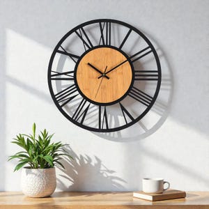 Large Nordic Wall Clock 3D | Silent Roman Numerals Clock | Rustic Wood Metal Round Clock | Vintage Home & Living Room Decor
