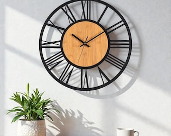 Large Nordic Wall Clock 3D | Silent Roman Numerals Clock | Rustic Wood Metal Round Clock | Vintage Home & Living Room Decor