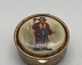 Runde Vintage-Pillendose mit Perlmuttdeckel und goldenem Harlekinmuster, d77