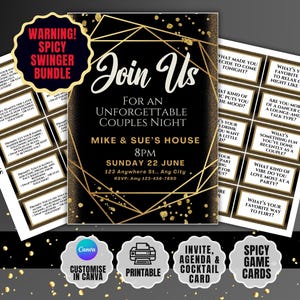 Puede incluir: Invitación negra y dorada para una noche de parejas, con el texto "Join Us" y detalles del evento. Incluye tarjetas de juego con preguntas y una etiqueta de advertencia "Spicy Swinger Bundle".