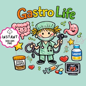 May include: A cartoon illustration with the text "Gastro Life" features a doctor holding medical tools, surrounded by medical-themed icons like a stomach, intestines, and a stool sample jar. The image includes the text "Instant 300-DPI PNG".