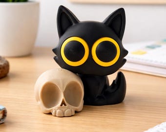 Decoración de calavera de gato negro, adorno gótico para escritorio, acento de estantería de estética oscura, decoración para el hogar en Halloween