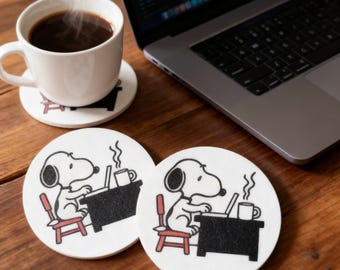 Snoopy Coasters Set of 4, Peanuts Inspired Drink Coasters, Coffee Table Decor, Desk Gift