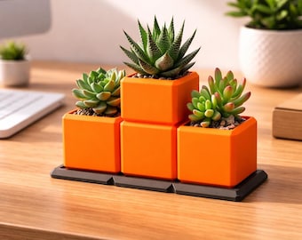 Tetris Succulent Planter, Gaming Pot, Orange Desk Decor, Geometric Plant Holder, Home Office Accent