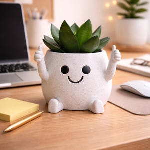 Doniczka z uśmiechniętą buźką, uchwyt na sukulenty na biurko, dekoracja półki biurowej, mała doniczka doniczkowa