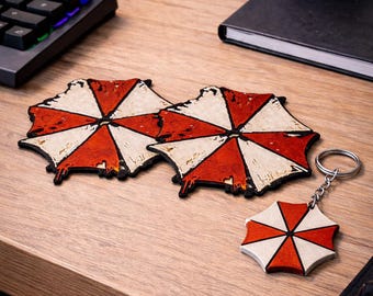 Umbrella Corporation Coasters and Keychain Set, Resident Evil Gamer Gift, Horror Desk Setup Decor