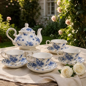 Blue Floral Ceramic Tea Set, Vintage Porcelain Coffee Cup Set, Elegant Teapot and Saucer, Afternoon Tea Party, Coffee Set, Birthday Gift