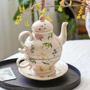 Vintage Floral Ceramic Teapot and Cup Set, Elegant Tea for One Set, Hand Painted Coffee Cup, Cottagecore Tea Gift for Women Home Decor