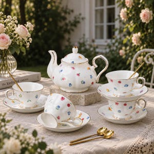 Może przedstawiać: Biały porcelanowy zestaw do herbaty z delikatnym kwiatowym wzorem w małe czerwone, niebieskie i żółte kwiaty oraz złotymi wykończeniami. Zestaw zawiera imbryk, trzy filiżanki z pasującymi spodkami i trzy złote łyżeczki na lnianym obrusie.