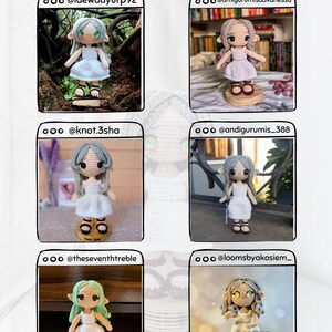May include: A collage of six crocheted dolls, each with distinct features and outfits, presented in individual frames. The image includes text that reads "TESTER APPRECIATION" and "I'm so thankful for their help in perfecting the pattern, please give them some love!"