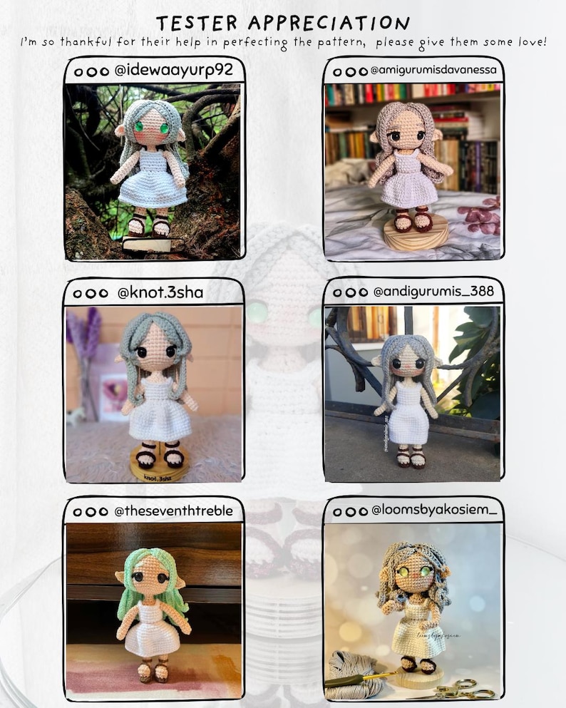 May include: A collage of six crocheted dolls, each with distinct features and outfits, presented in individual frames. The image includes text that reads "TESTER APPRECIATION" and "I'm so thankful for their help in perfecting the pattern, please give them some love!"