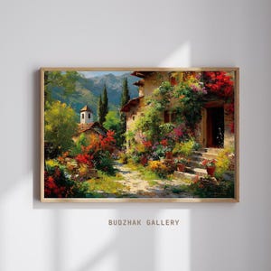 Pode incluir: Pintura emoldurada que retrata uma pitoresca cena de uma vila italiana. A obra de arte mostra um edifício de pedra adornado com flores vibrantes, um caminho e uma igreja distante. A paleta de cores inclui verdes, vermelhos e azuis, criando um ambiente acolhedor.