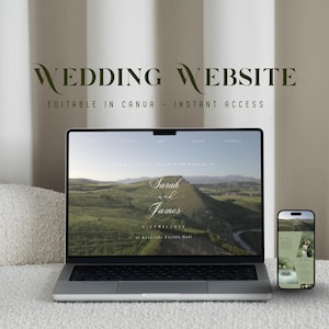 May include: A laptop and smartphone displaying a wedding website design. The website features a landscape photo with the names "Sarah and James" and the date "6 April 2030". Text at the top reads "WEDDING WEBSITE" and "EDITABLE IN CANVA - INSTANT ACCESS".