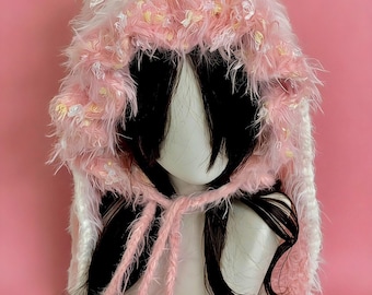 Pink Fluffy Bunny Ear Hat, Kawaii Crochet Hood, Soft Faux Fur Bonnet, Cute Winter Hat with Pom Poms, Fairycore Coquette Headwear Gift
