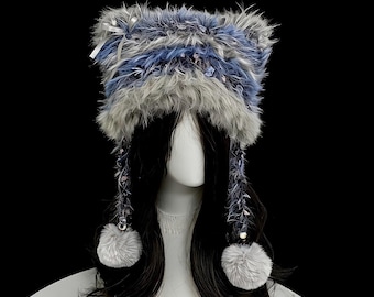 Blue Gray Fuzzy Cat Ear Hat | Handmade Winter Beanie with Pom Poms & Silver Bows | Fairy Grunge Accessory