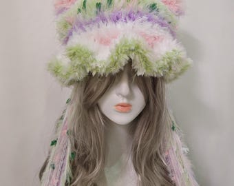 Pastel Faux Fur Knit Hat with Tassels – Cottagecore Winter Beanie