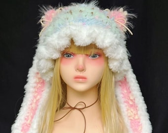 Pastel Bunny Ear Fluffy Trapper Hat, Furry Winter Earflap Hat