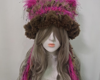 Neon Pink Animal Ear Bonnet | Handmade Fuzzy Feather Knit Beanie