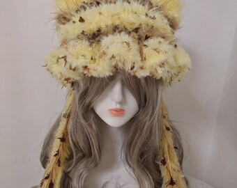 Sunflower Yellow Fuzzy Cat Ear Bucket Hat - Cottagecore Festival Accessory with Dried Flower Tassels