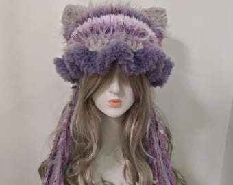 Pastel Purple Fuzzy Cat Ear Bucket Hat - Witchy Kawaii Festival Accessory with Long Tassels