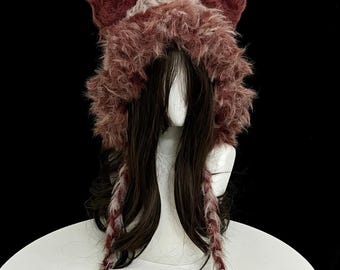 Burgundy Gray Fuzzy Wolf Ear Hat | Handmade Knit Beanie with Braided Tassels | Grunge Winter Accessory