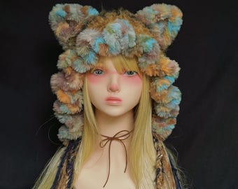 Boho Rainbow Fuzzy Cat Ear Hat, Hippie Winter Trapper Beanie