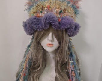 Boho Knit Beanie with Long Tassels - Colorful Faux Fur Winter Hat