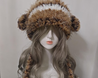 Furry Animal Ear Trapper Hat: Brown & White, Braided Ties