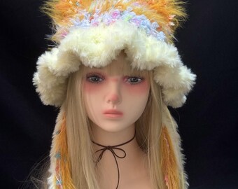 Handmade Fox Ear Fluffy Trapper Hat, Bohemian Winter Hat with Long Tassels