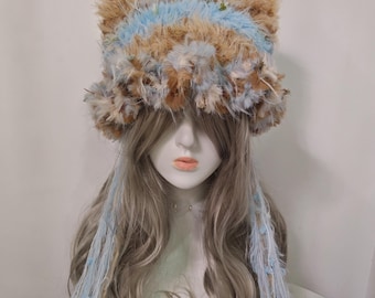 Boho Pastel Fuzzy Cat Ear Bucket Hat - Blue & Tan Festival Accessory with Long Tassels