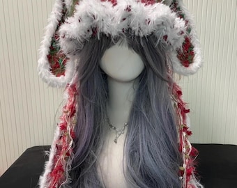 Christmas Fox Ear Beanie - Faux Fur Holiday Hat with Pom Poms