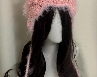 Pink Fuzzy Cat Ear Hat | Handmade Crochet Beanie with Pom Poms | Kawaii Winter Accessory