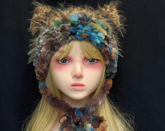 Handmade Brown Blue Crochet Cat Ear Hat, Winter Jellyfish Beanie