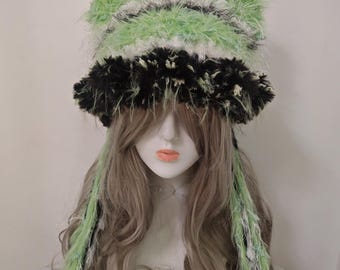 Y2K Fluffy Knit Bucket Hat – Green & Black Tassel Festival Hat