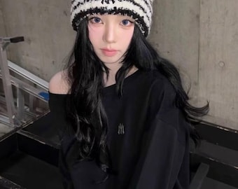 Striped Cat Ear Beanie Black White Fuzzy Hat, Y2K Grunge Kawaii Knit Hat, Soft Fluffy Winter Beanie, Streetwear Cute Hat Gift