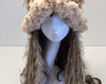 コテージコアフェイクファー猫耳帽子 | ボヘミアンフリンジヘッドウェア