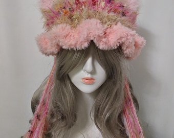 Pastel Pink Fuzzy Cat Ear Hat - Fairycore Festival Accessory with Floral Tassels