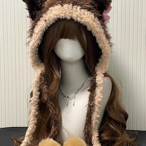 Faux Fur Cat Ear Beanie | Blue & Tan Kawaii Cosplay Hat - Etsy display picture 3