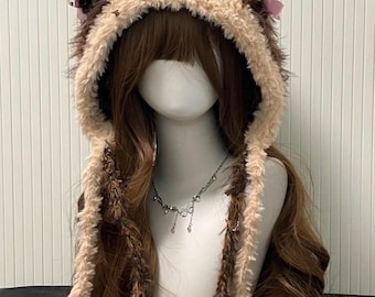 Cute Cat Ear Hooded Beanie - Brown Beige Fluffy Faux Fur Pom Pom Hat with Pink Bows | Kawaii Winter Hood Hat