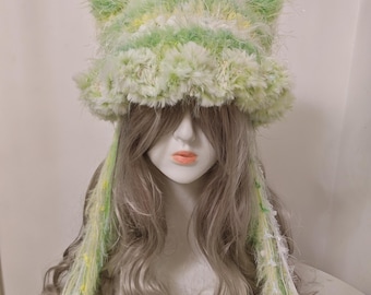 Green Fuzzy Cat Ear Bucket Hat - Fairycore Kawaii Festival Accessory with Long Tassels