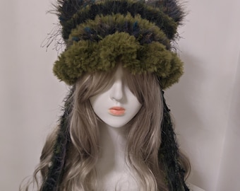 Dark Green Fuzzy Cat Ear Bucket Hat - Witchy Cottagecore Festival Accessory with Long Tassels