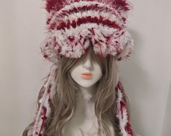 Y2K Red & White Fuzzy Cat Ear Bucket Hat - Festival Accessory with Long Tassels