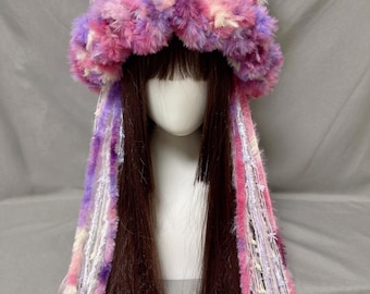 Statement Cat Ear Furry Hat, Handmade Plush Festival Hat with Long Scarves, Bold Winter Headwear