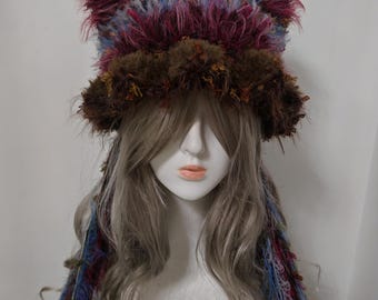 Bohemian Multi-Color Fuzzy Cat Ear Bucket Hat - Earthy Festival Accessory with Long Tassels