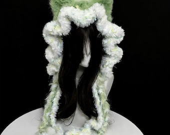 Green White Fuzzy Cat Ear Hat | Handmade Ruffled Scarf Hat | Cottagecore Forest Fairy Accessory