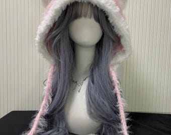 Pink Furry Cat Ear Hood with Long Scarf & Pom Poms – Kawaii Fluffy Winter Hat