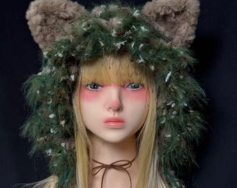 Boho Forest Wolf Cat Ear Hat, Handmade Green Furry Trapper Hat